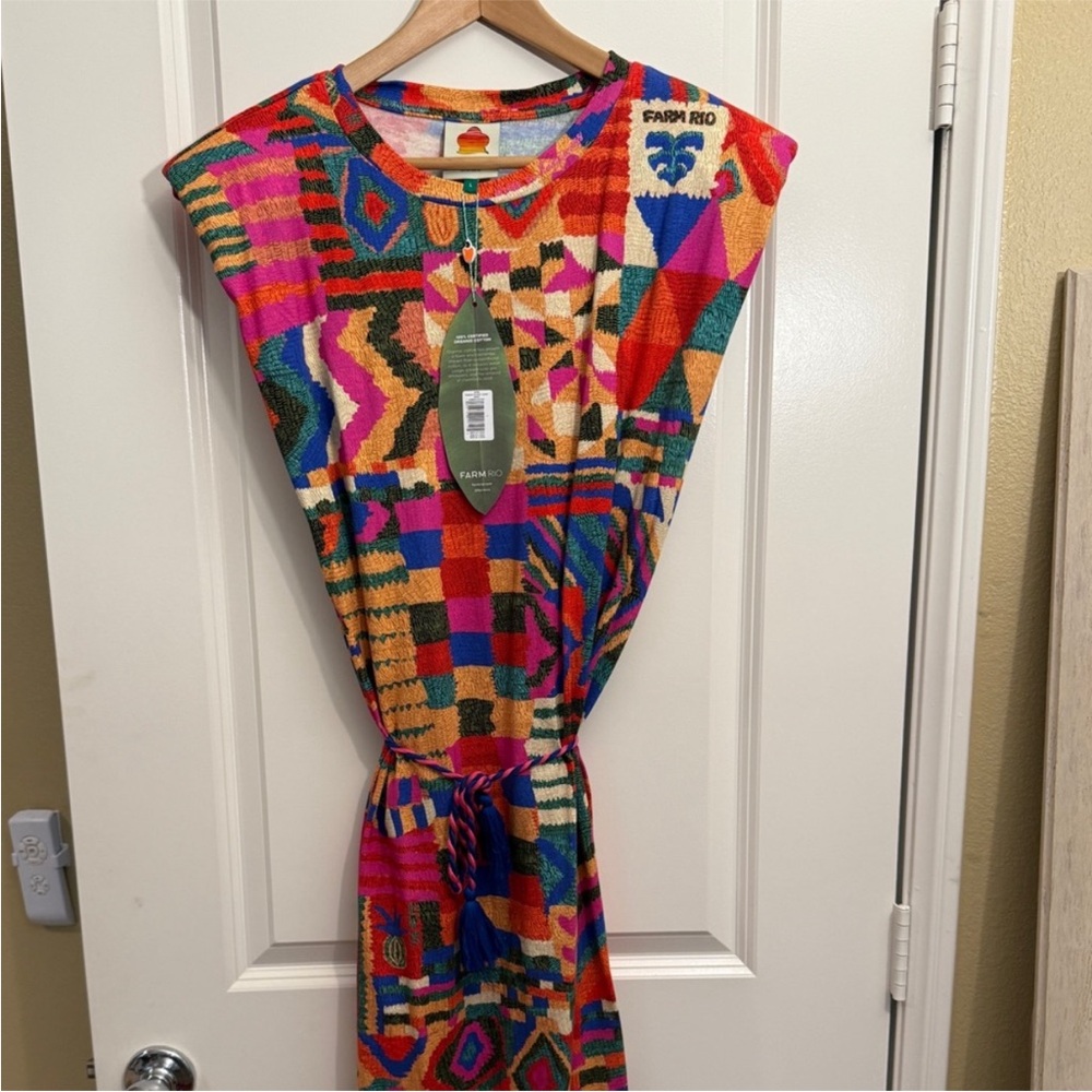 🪘 FARM Rio Multicolor Geometric Patches Tribal twist rope belted Dress Large - Picture 5 of 14